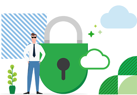 Illustration of security guard standing in front of giant lock