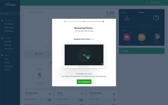 Immagine dell’interfaccia utente della dashboard di PaperCut Pocket che si collega a nuovi dispositivi con radar animato.