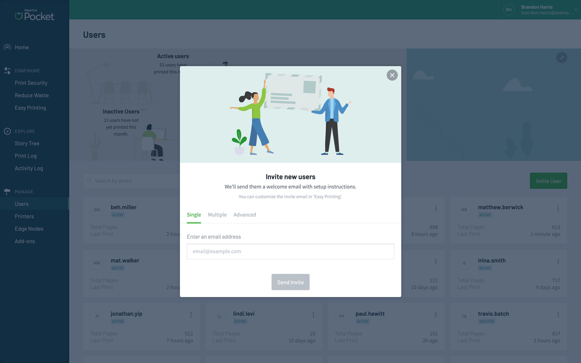 Quickly invite users in PaperCut Pocket via email