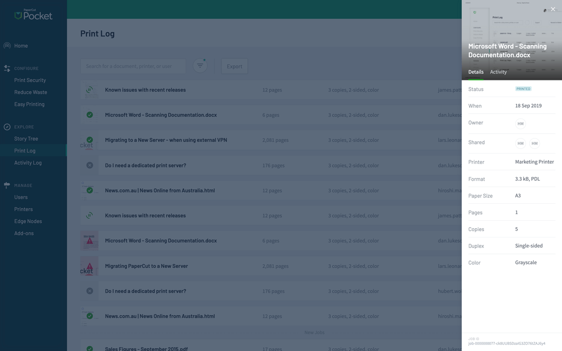 The print job log in PaperCut Pocket