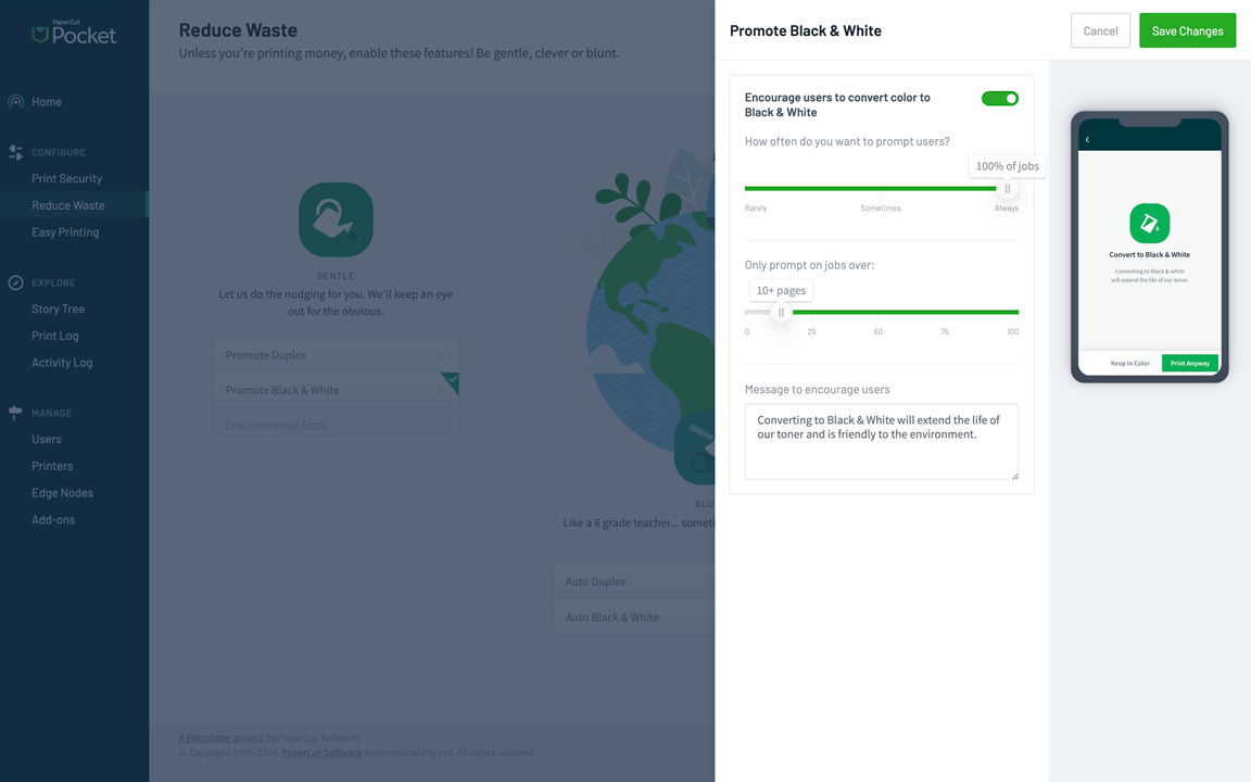 Encourage black & white printing with rules and gentle reminders in PaperCut Pocket