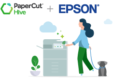 A person using a printer while holding a dog on a leash with the EPSON Logo