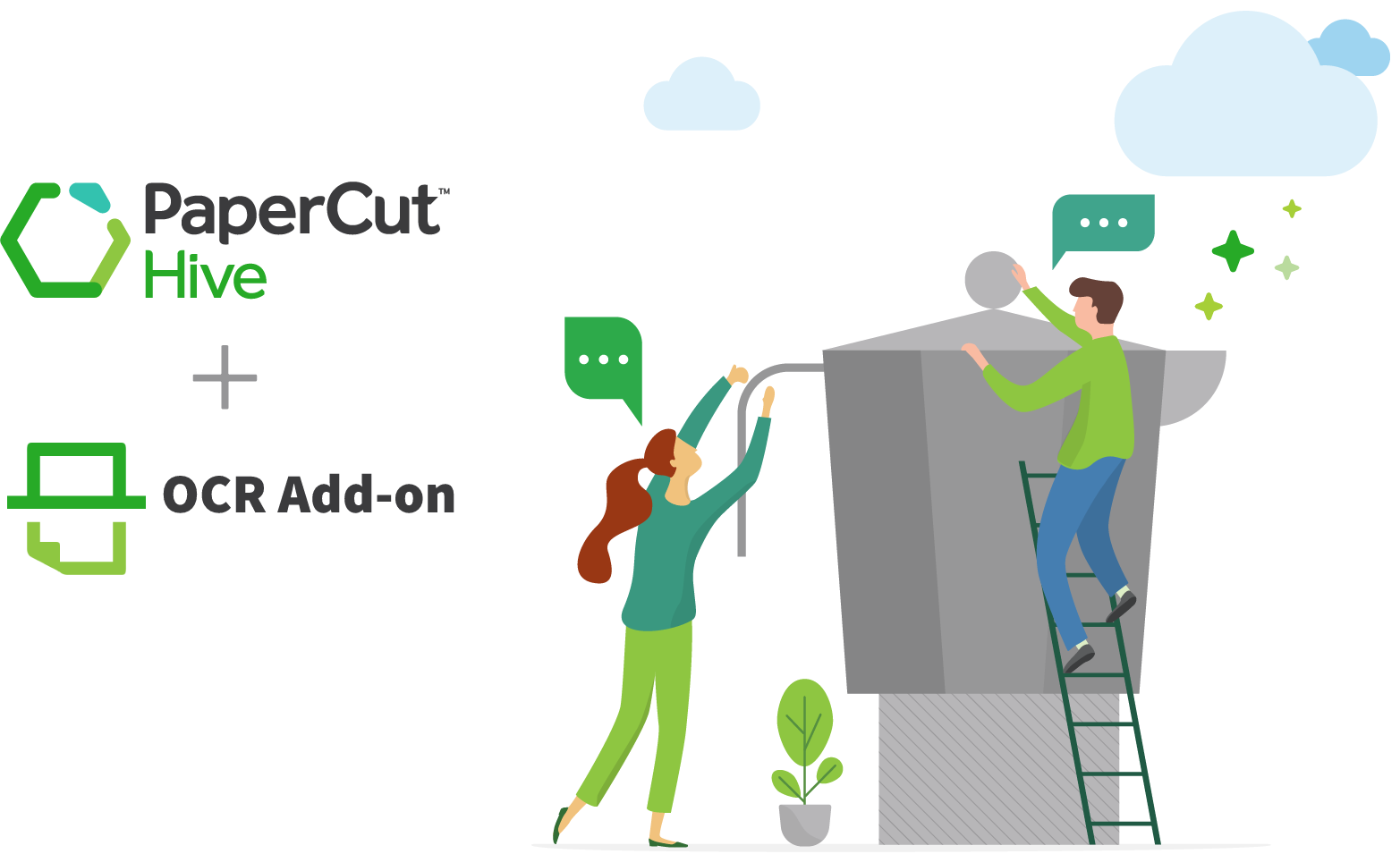 Two people on climbing a large coffee pot with a  ladder, with the papercut hive and ocr add-on logos
