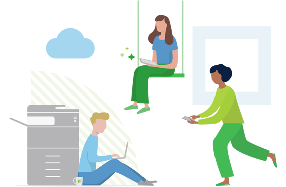 Illustration of three end users using various devices