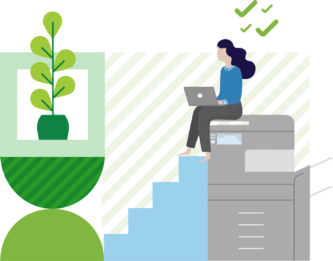 Illustration of a woman sitting on a printer using her laptop