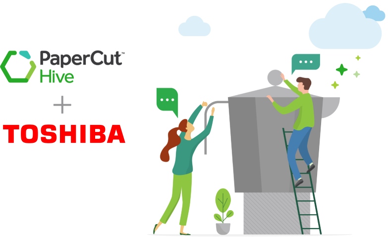 Two people on climbing a large coffee pot with a  ladder, with the papercut hive and toshiba logos