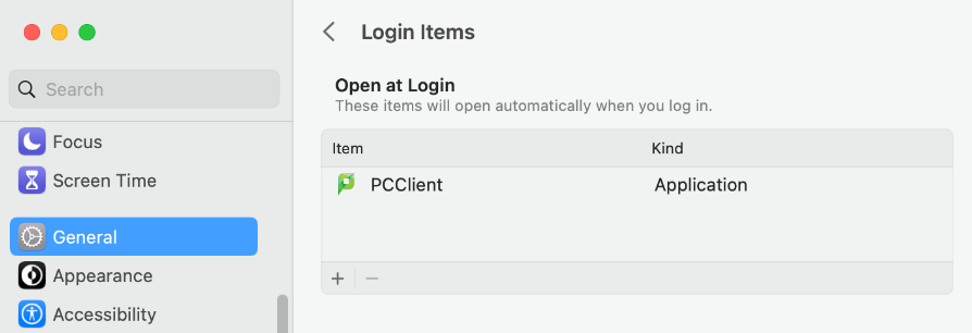 Screenshot showing that the PCClient app has been added to the list of Login Items, under System Settings -> General -> Login Items