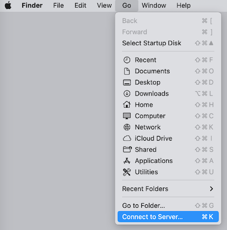 Screenshot showing macOS 'Finder' with the Go menu selected > Connect to server... highlighted.