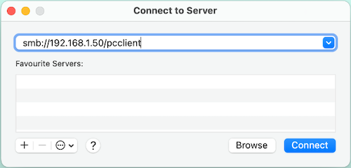 Screenshot showing macOS 'Connect to server' dialog box, with the connection string listed in the 'connect to' field.