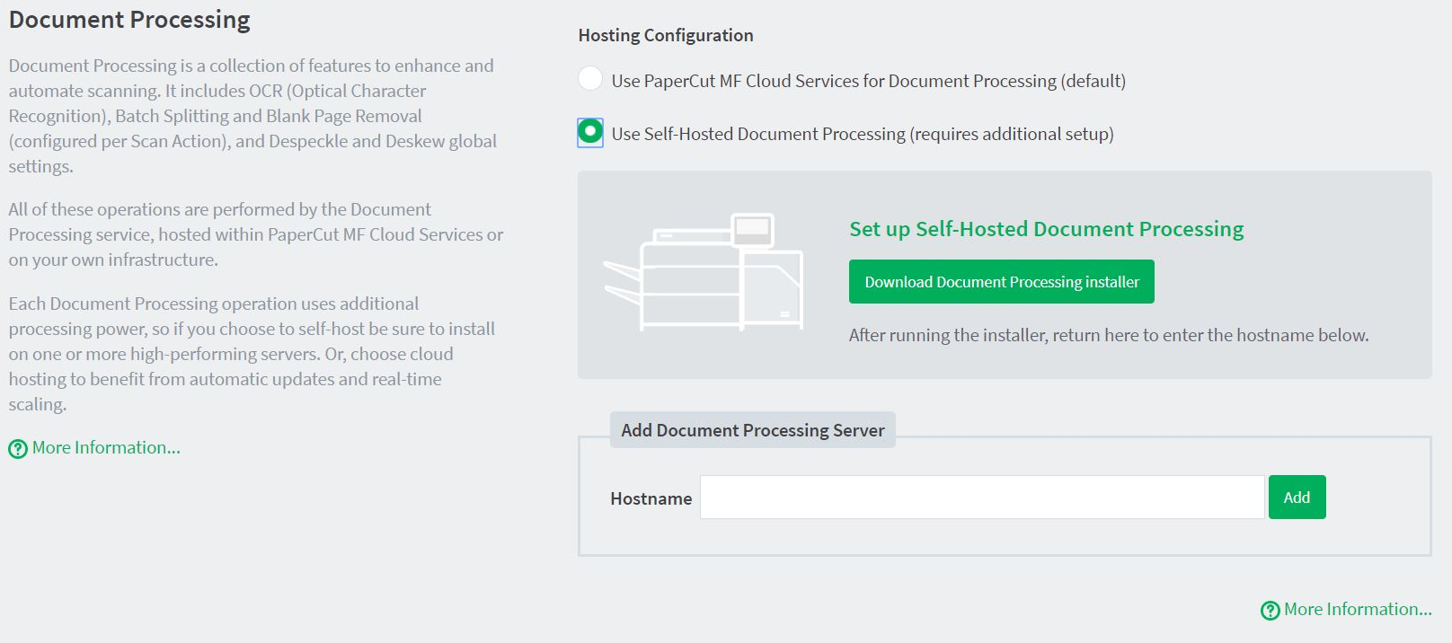 Setting to switch to self-hosted document processing in the PaperCut MF admin interface