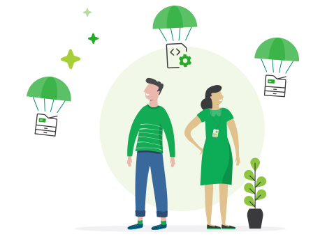 Illustration of two people looking around at print deploy parachutes