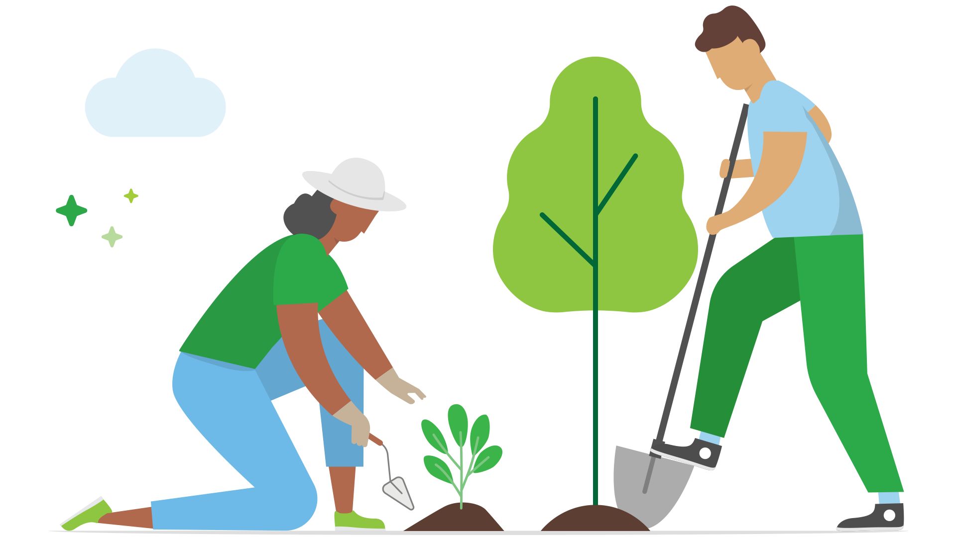 Illustration of two people planting trees